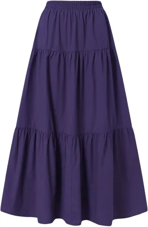 Women Casual Maxi Skirts Elastic High Waisted Flowy Skirts Summer Lightweight Flared Long Skirts Plus Size