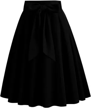 Women Retro Skirt 50s Vintage Hepburn Style High Waist Flared A-Line Skirts Rockabilly Midi Swing Skirt with Pocket