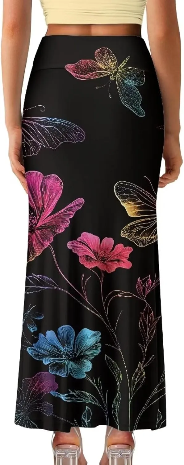 Women's Flared Midi Skirt Elastic High Waist Maxi Skirts Casual Flowy A Line Beach Long Skirt with Side Zipper