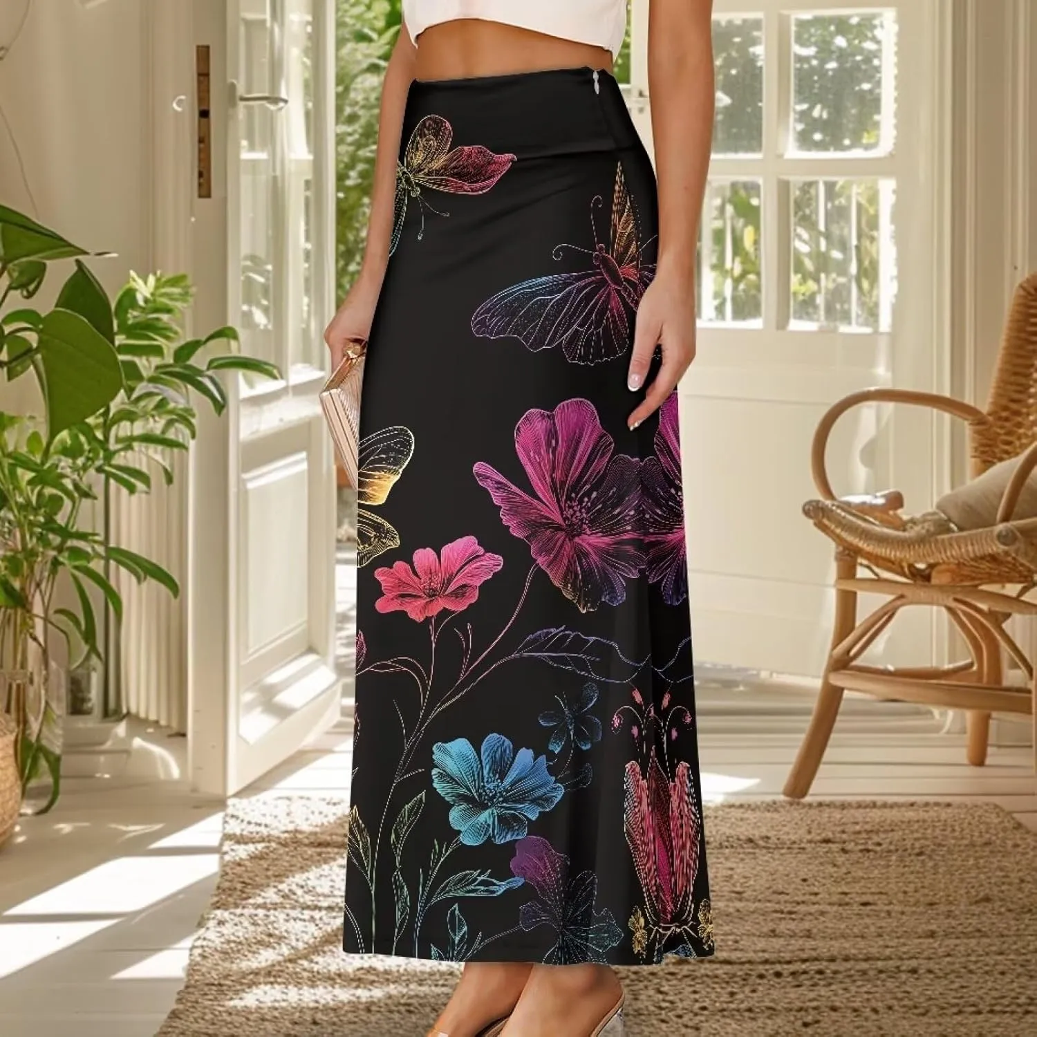 Women's Flared Midi Skirt Elastic High Waist Maxi Skirts Casual Flowy A Line Beach Long Skirt with Side Zipper
