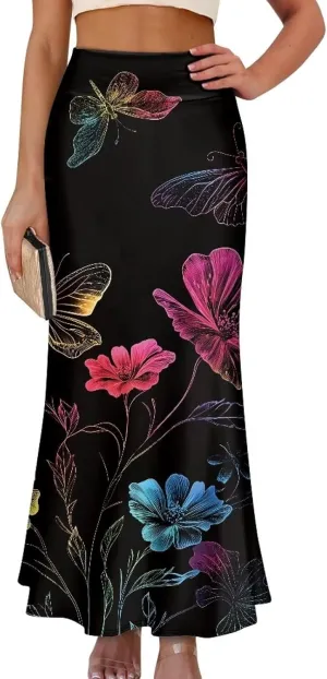 Women's Flared Midi Skirt Elastic High Waist Maxi Skirts Casual Flowy A Line Beach Long Skirt with Side Zipper