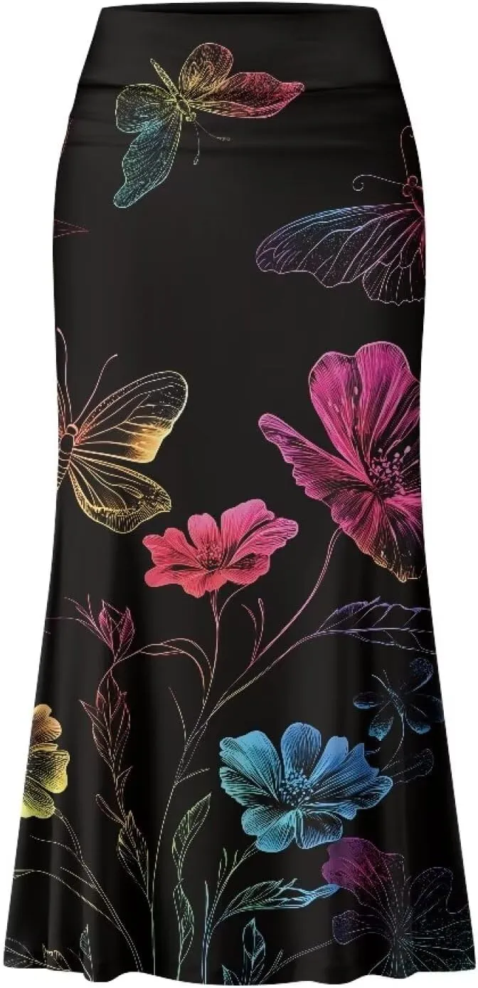 Women's Flared Midi Skirt Elastic High Waist Maxi Skirts Casual Flowy A Line Beach Long Skirt with Side Zipper
