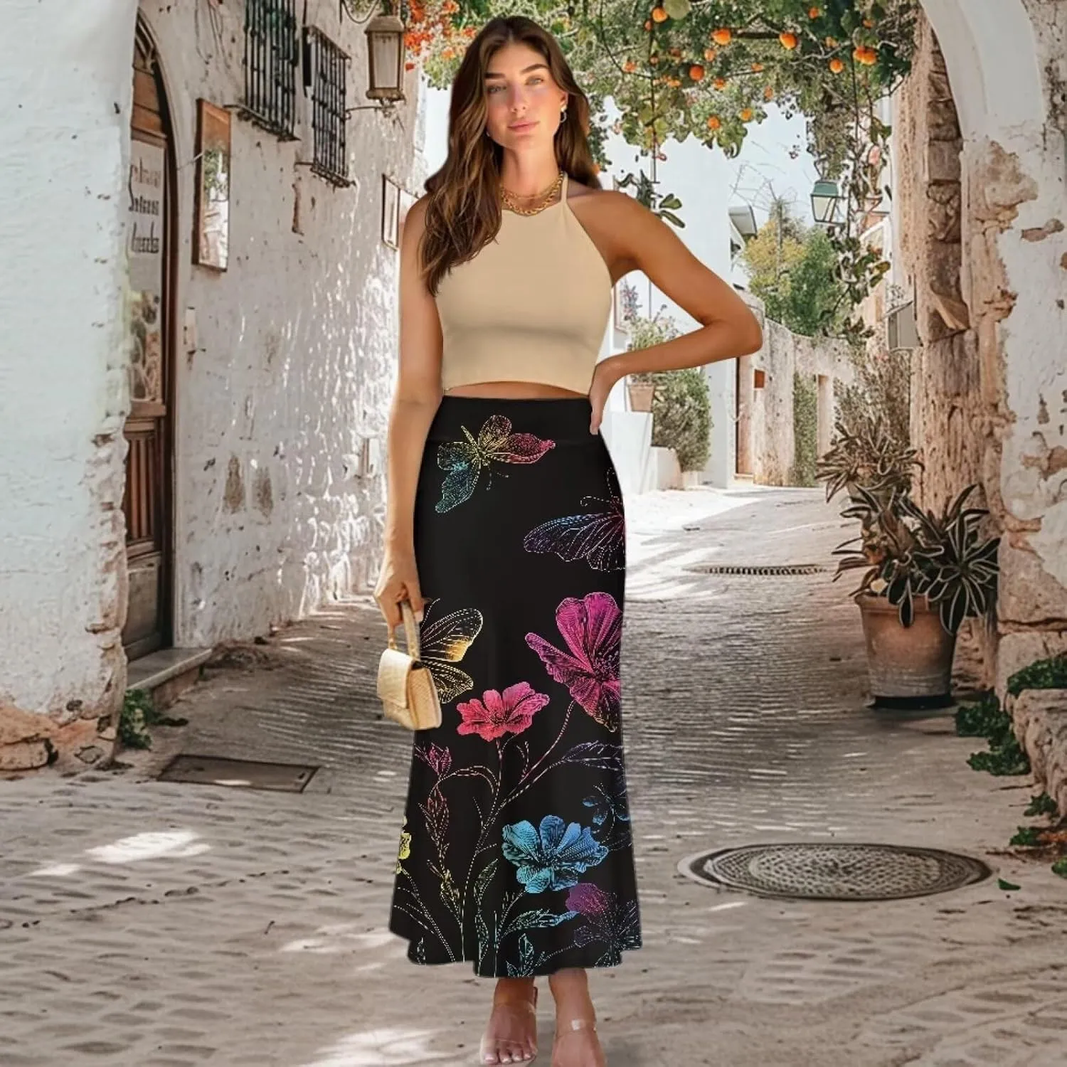 Women's Flared Midi Skirt Elastic High Waist Maxi Skirts Casual Flowy A Line Beach Long Skirt with Side Zipper