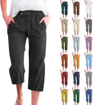 Women's Linen Cropped Pants Solid Color Relaxed Fit with Pockets, Breathable Summer Casual Capris