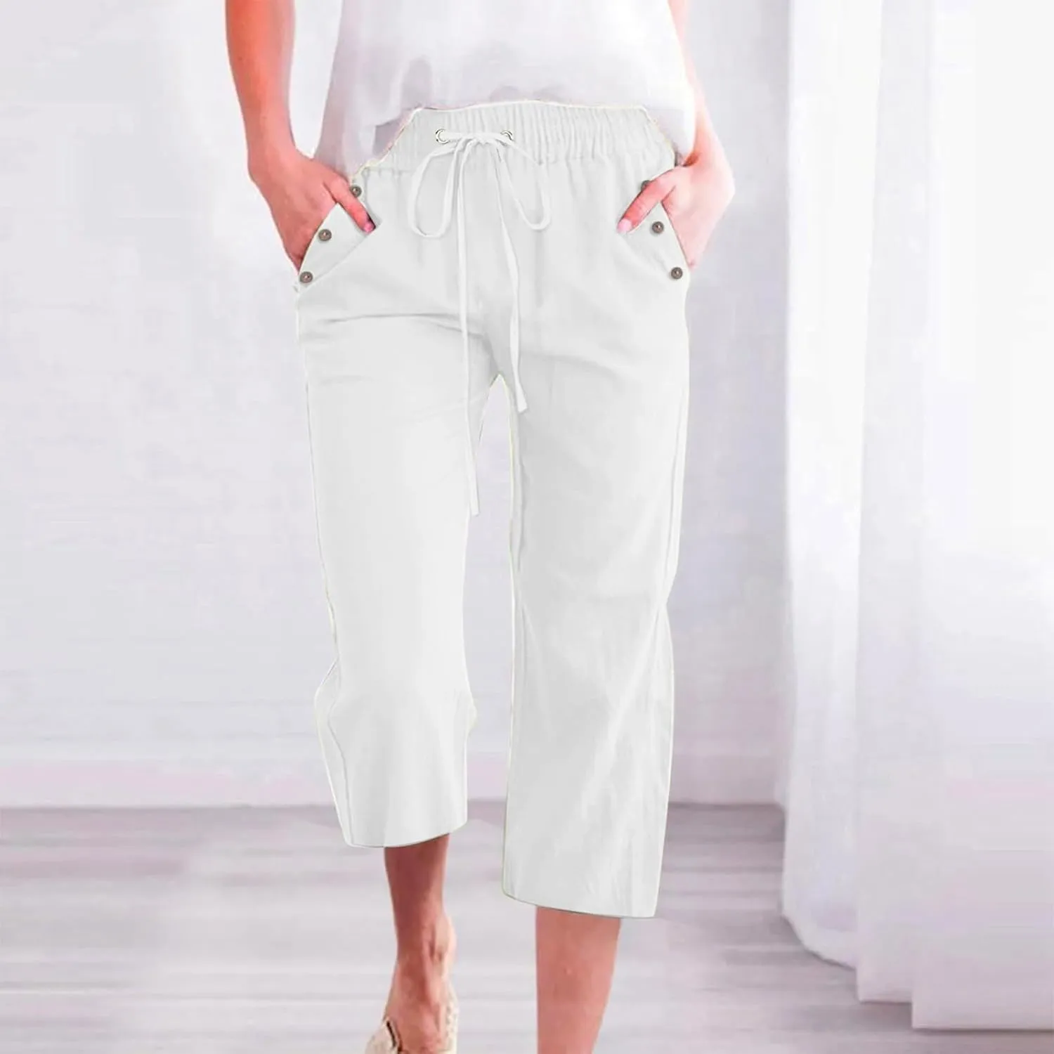 Women's Linen Cropped Pants Solid Color Relaxed Fit with Pockets, Breathable Summer Casual Capris