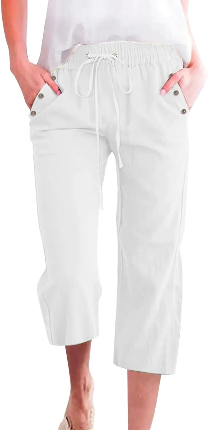 Women's Linen Cropped Pants Solid Color Relaxed Fit with Pockets, Breathable Summer Casual Capris