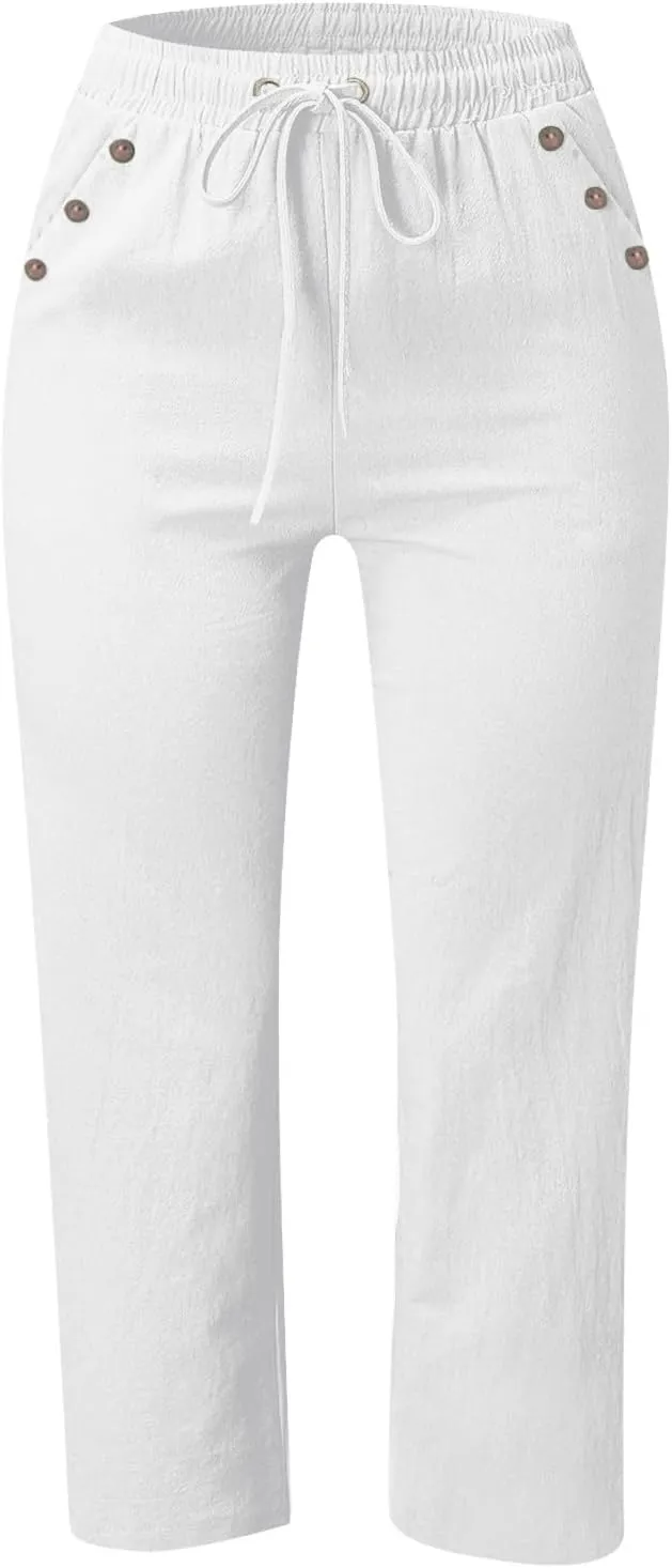 Women's Linen Cropped Pants Solid Color Relaxed Fit with Pockets, Breathable Summer Casual Capris