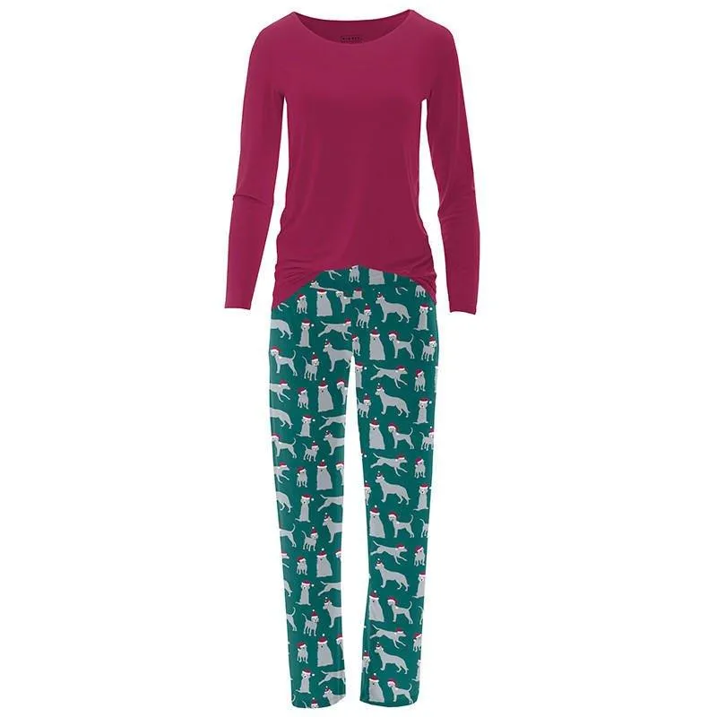 Women's Print Bamboo Long Sleeve Loosey Goosey Tee & Pajama Pants Set - Cedar Santa Dogs