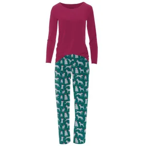 Women's Print Bamboo Long Sleeve Loosey Goosey Tee & Pajama Pants Set - Cedar Santa Dogs