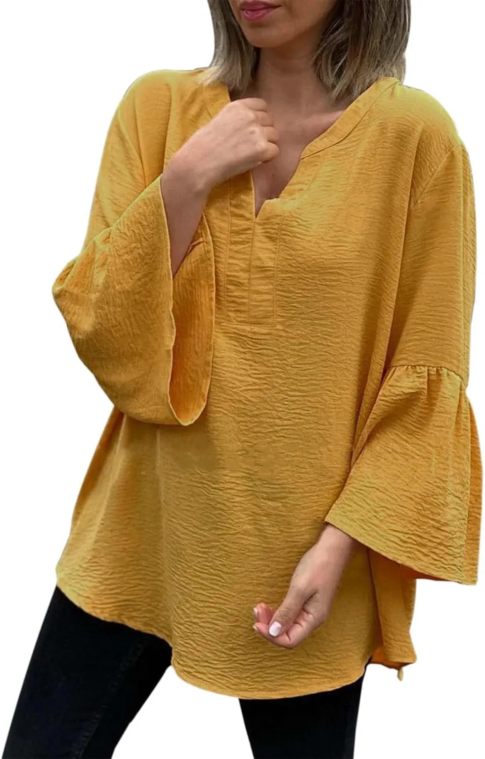 Women's Solid Color V Neck Casual Fashion Flared Sleeve Midi Dress Dress Women