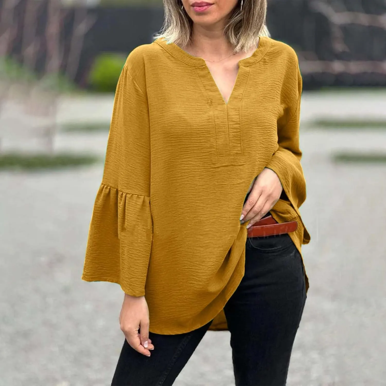 Women's Solid Color V Neck Casual Fashion Flared Sleeve Midi Dress Dress Women
