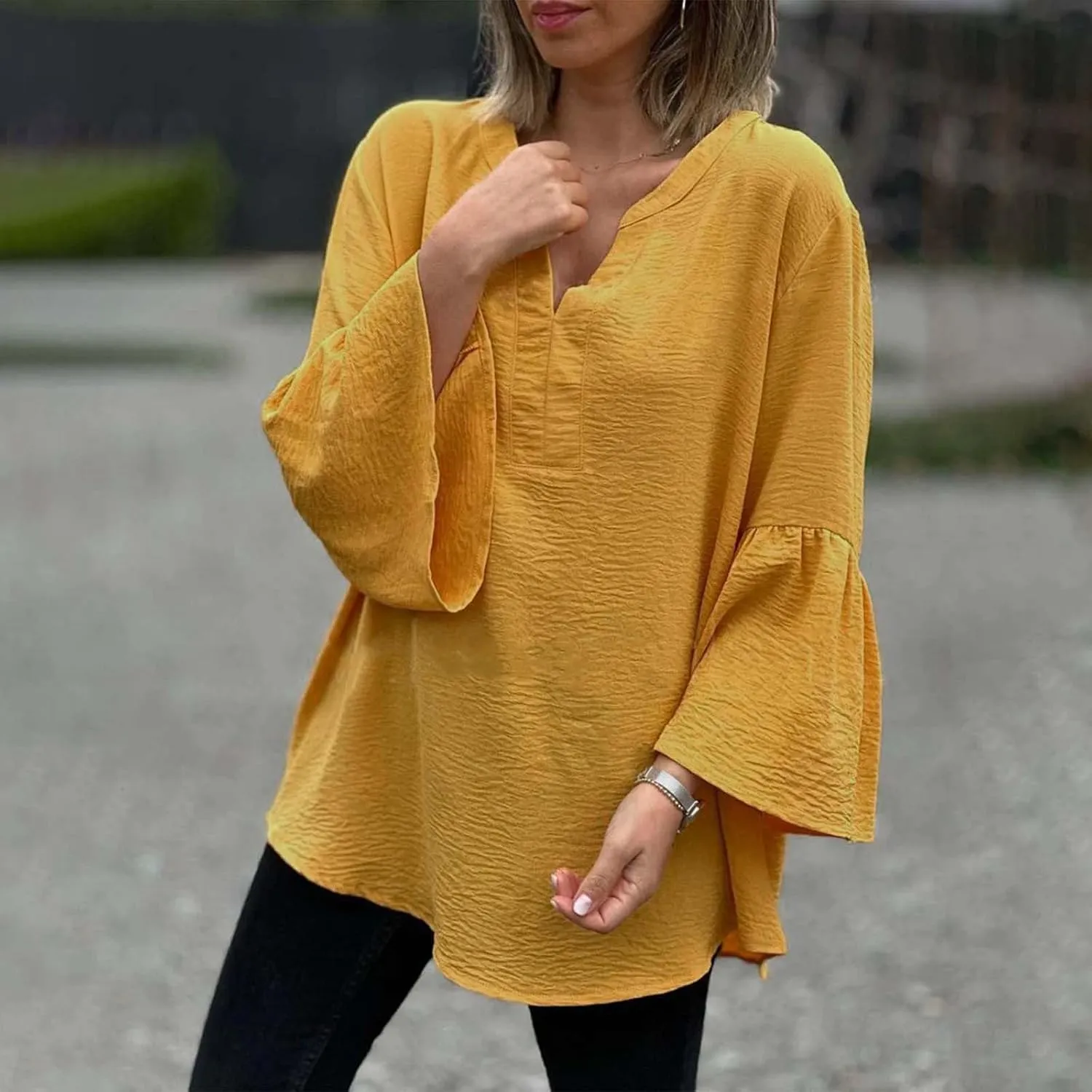 Women's Solid Color V Neck Casual Fashion Flared Sleeve Midi Dress Dress Women