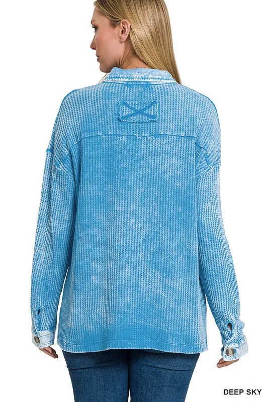 Zenana Clothing Cotton Waffle Acid Wash Long Sleeve Shacket