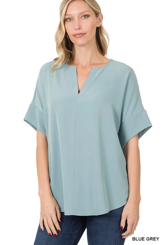 Zenana Heavy Woven Span Split Neck Short Sleeve Top