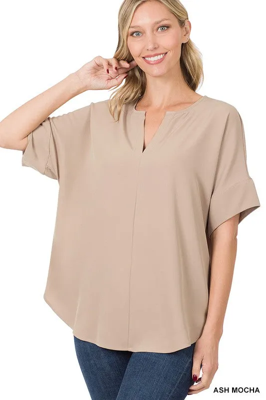 Zenana Heavy Woven Span Split Neck Short Sleeve Top