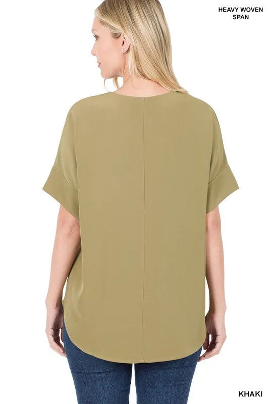 Zenana Heavy Woven Span Split Neck Short Sleeve Top
