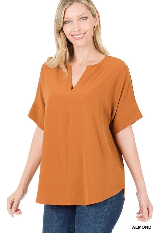 Zenana Heavy Woven Span Split Neck Short Sleeve Top