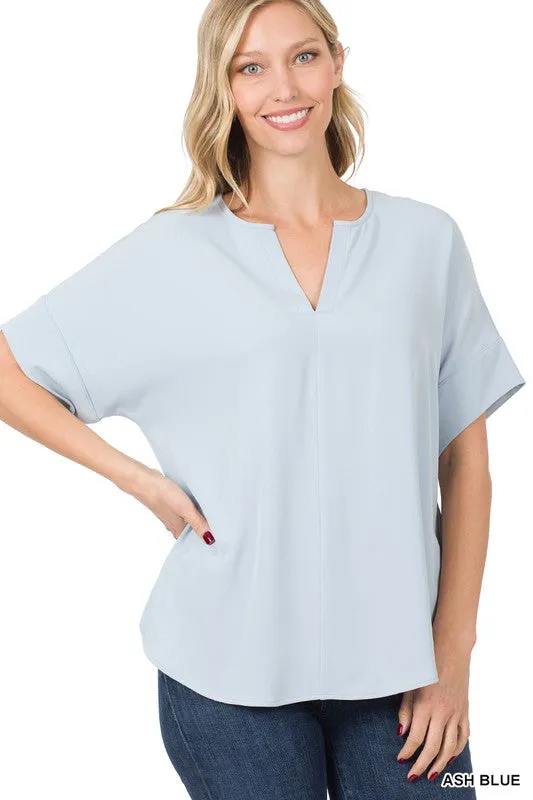 Zenana Heavy Woven Span Split Neck Short Sleeve Top