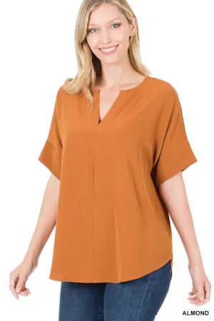 Zenana Heavy Woven Span Split Neck Short Sleeve Top