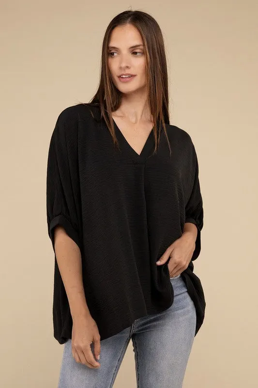 Zenana Woven Airflow V-Neck Puff Sleeve Womens Top S-XL 2Colors