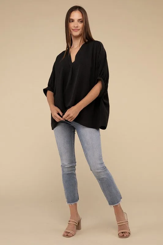 Zenana Woven Airflow V-Neck Puff Sleeve Womens Top S-XL 2Colors