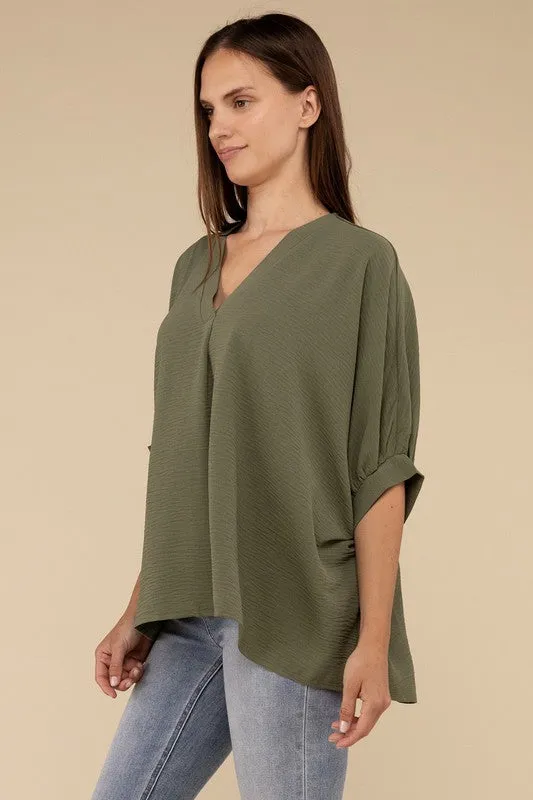 Zenana Woven Airflow V-Neck Puff Sleeve Womens Top S-XL 2Colors