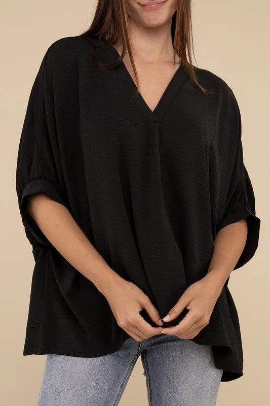Zenana Woven Airflow V-Neck Puff Sleeve Womens Top S-XL 2Colors