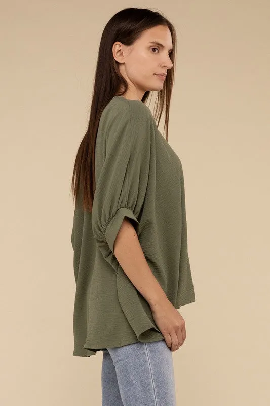 Zenana Woven Airflow V-Neck Puff Sleeve Womens Top S-XL 2Colors