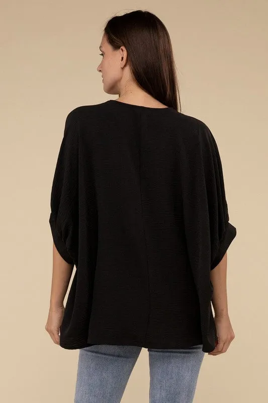 Zenana Woven Airflow V-Neck Puff Sleeve Womens Top S-XL 2Colors