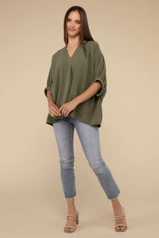 Zenana Woven Airflow V-Neck Puff Sleeve Womens Top S-XL 2Colors