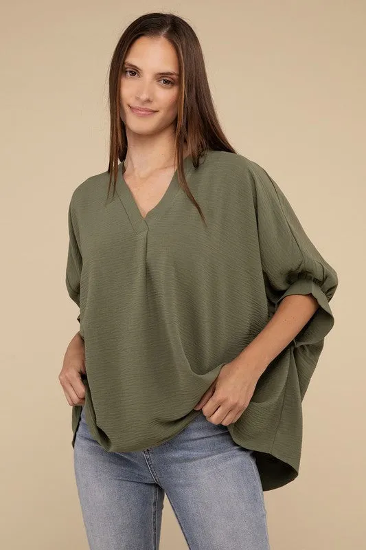 Zenana Woven Airflow V-Neck Puff Sleeve Womens Top S-XL 2Colors