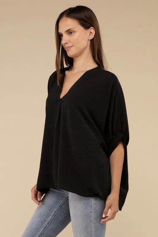 Zenana Woven Airflow V-Neck Puff Sleeve Womens Top S-XL 2Colors