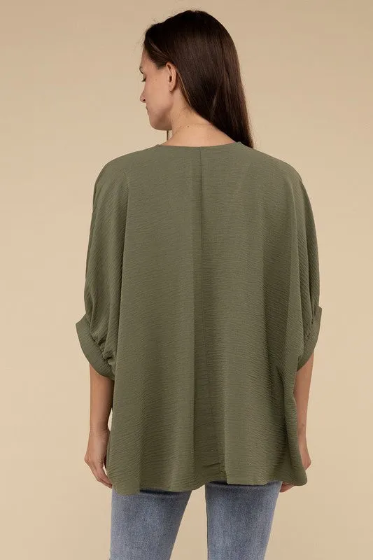 Zenana Woven Airflow V-Neck Puff Sleeve Womens Top S-XL 2Colors