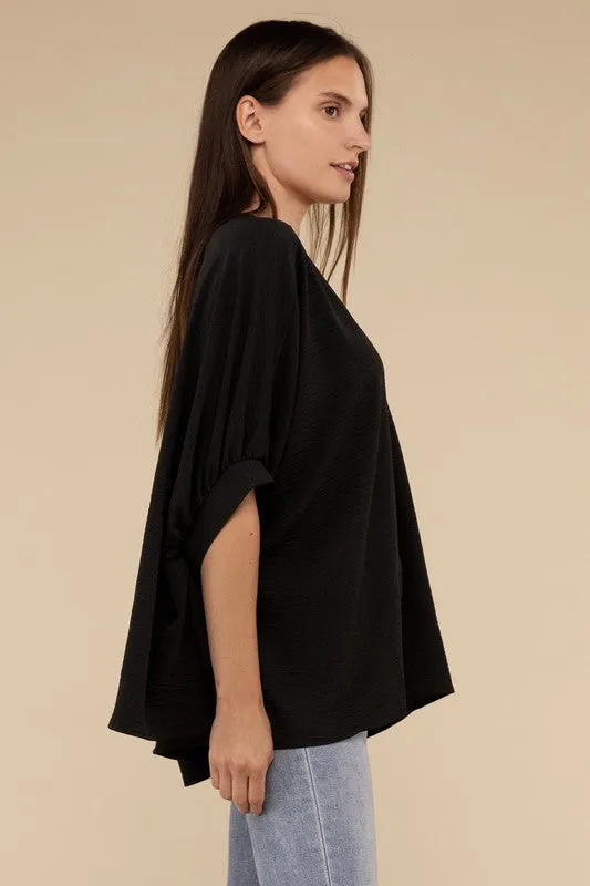 Zenana Woven Airflow V-Neck Puff Sleeve Womens Top S-XL 2Colors