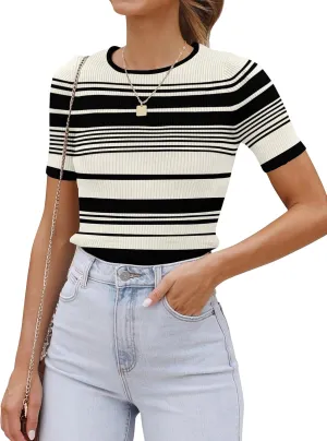ZESICA Women's Short Sleeve Crewneck Striped T Shirt 2025 Summer Ribbed Knit Slim Fit Casual Basic Tee Tops