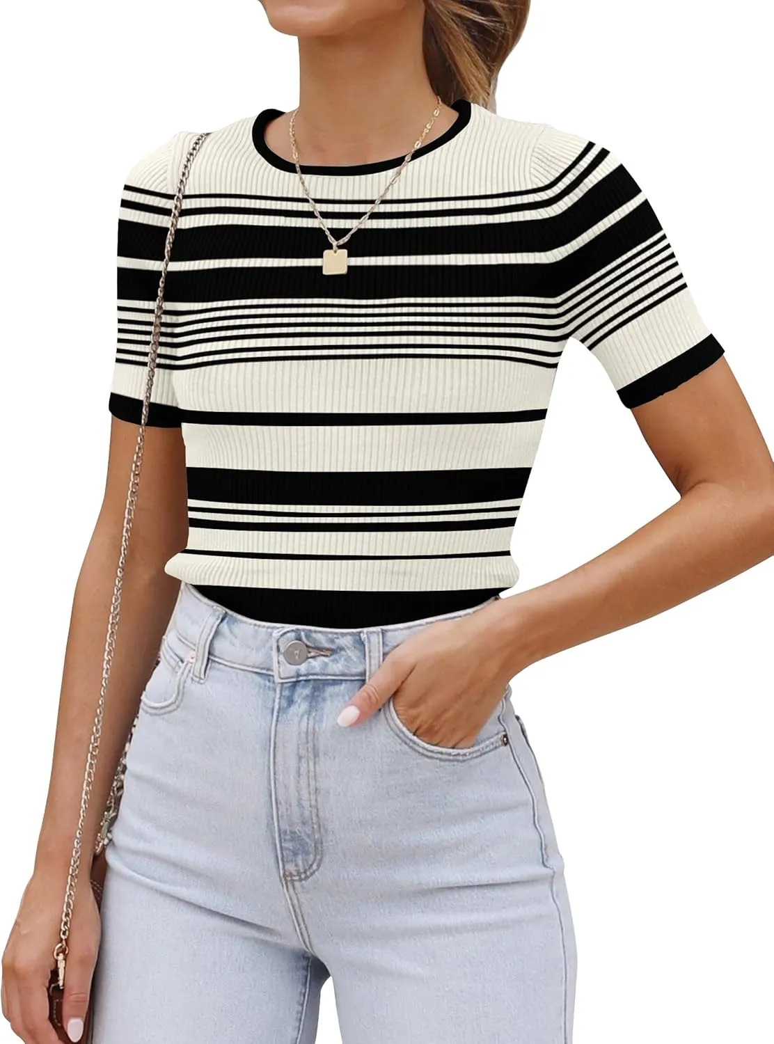 ZESICA Women's Short Sleeve Crewneck Striped T Shirt 2025 Summer Ribbed Knit Slim Fit Casual Basic Tee Tops