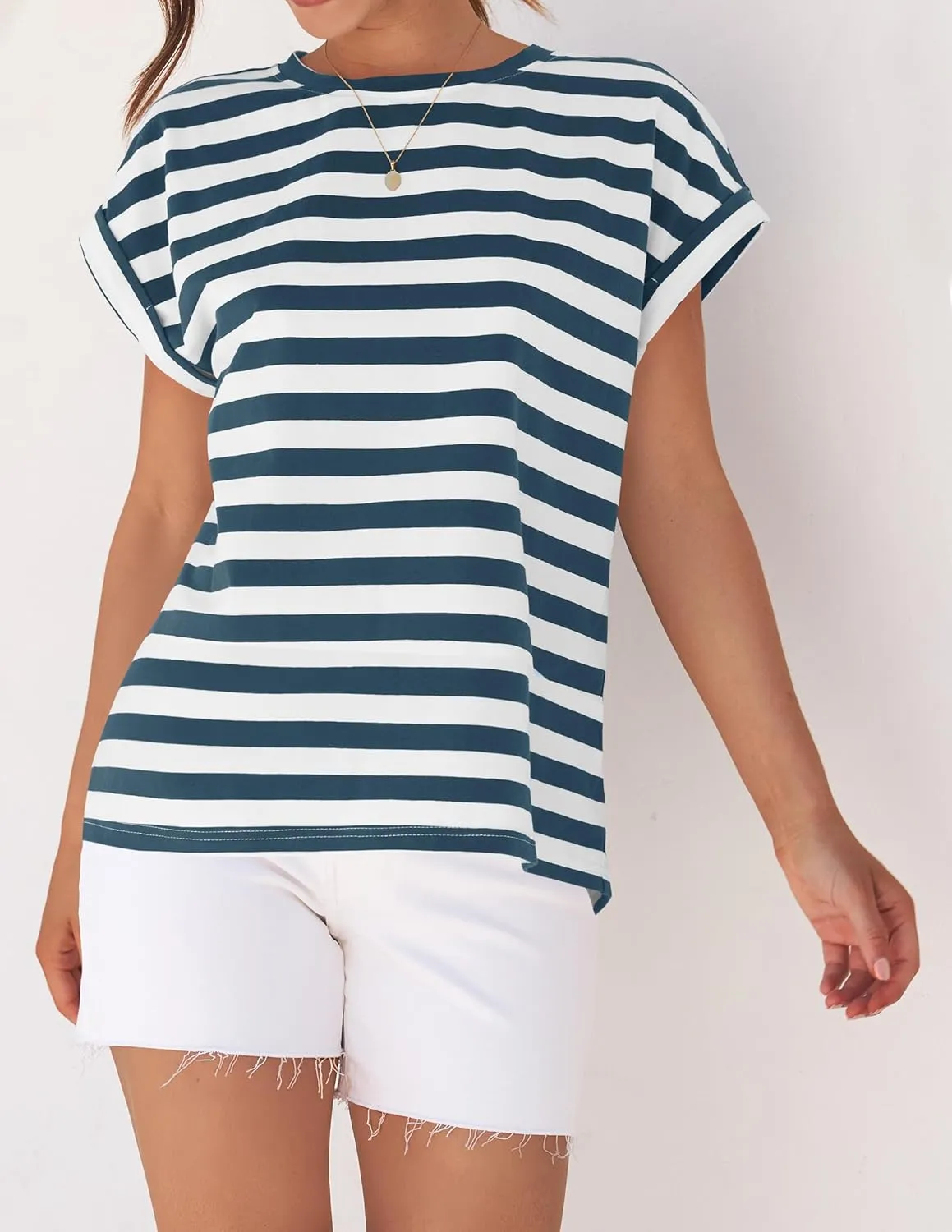 ZESICA Womens Summer Cap Sleeve Crewneck Tops Casual Loose Striped T-Shirts Basic Tees