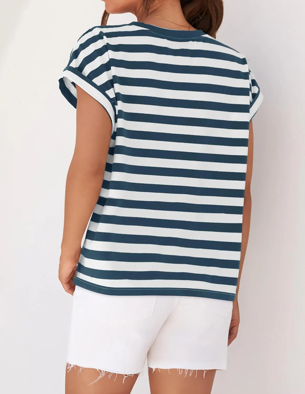 ZESICA Womens Summer Cap Sleeve Crewneck Tops Casual Loose Striped T-Shirts Basic Tees