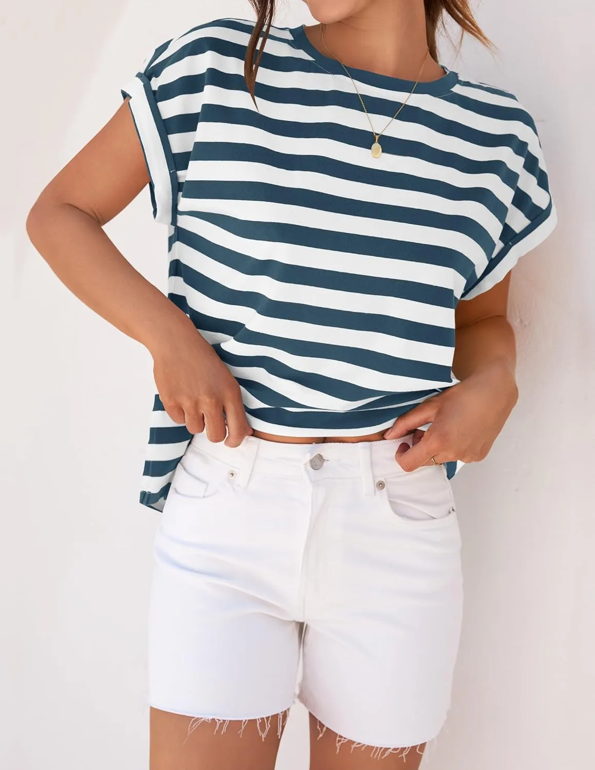 ZESICA Womens Summer Cap Sleeve Crewneck Tops Casual Loose Striped T-Shirts Basic Tees