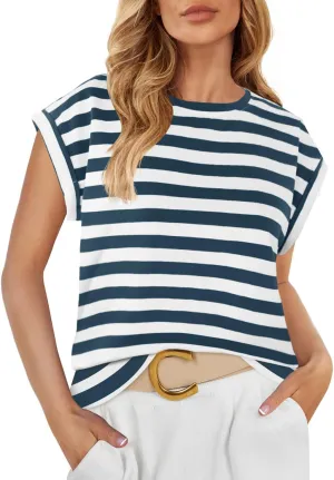 ZESICA Womens Summer Cap Sleeve Crewneck Tops Casual Loose Striped T-Shirts Basic Tees