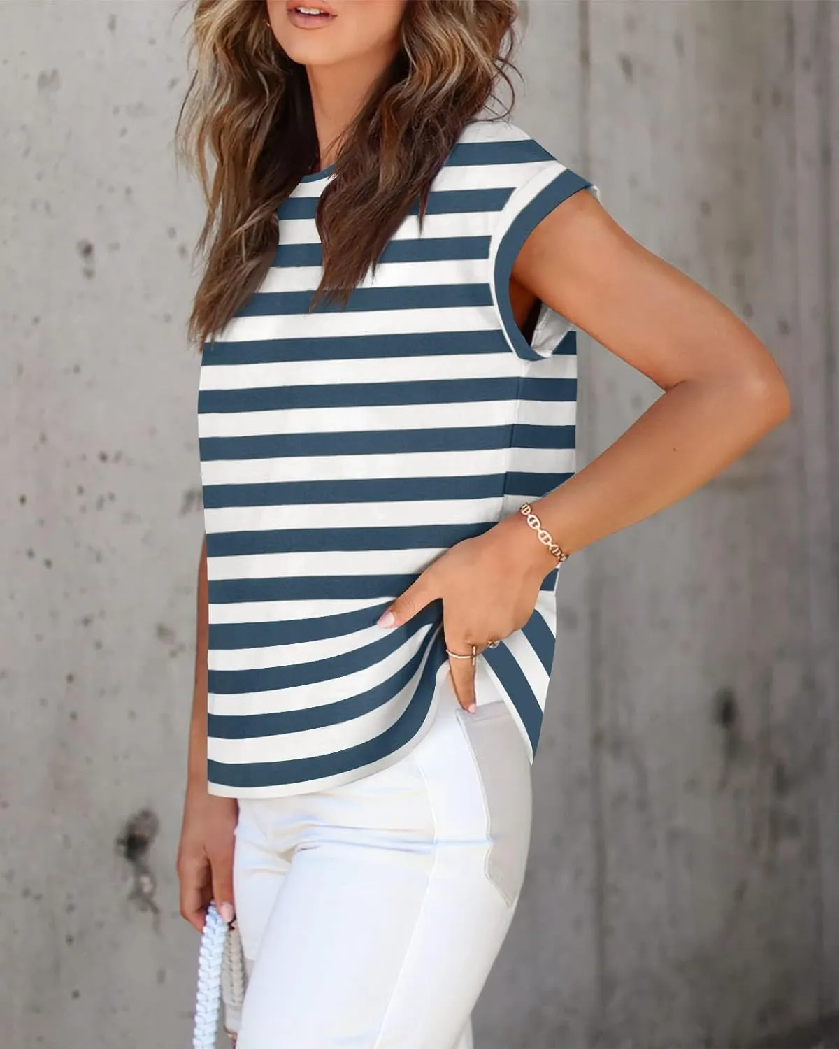 ZESICA Womens Summer Cap Sleeve Crewneck Tops Casual Loose Striped T-Shirts Basic Tees
